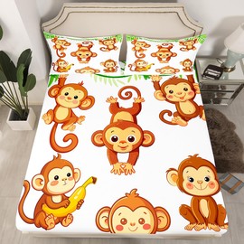 Manfei Monkey Fitted Sheet Cartoon Brown Monkey Printed Bedding Set 2pcs for Kids Boys Teens Animal Theme Sheet Set Soft Polyester Bed Sheets (1 Fitted Sheet + 1 Pillow Case) Twin Size