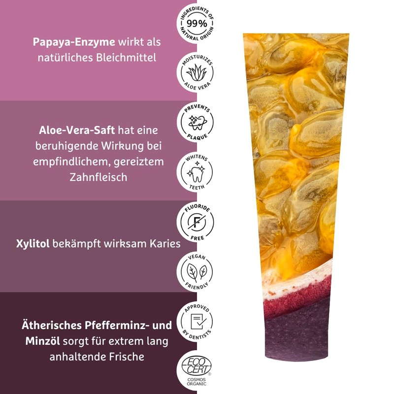 ECODENTA Zertifizierte Organische Zahnpasta zum Aufhellen mit Passionsfruchtgeschmack und Enzymen