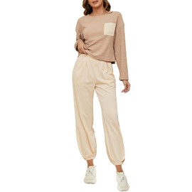 FANCYINN Women's Two Piece Outfits Tracksuit Long Sleeves Pullover Tops and High Waisted Wide Pants Sweatsuit Lounge Sets Light Khaki S