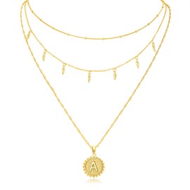 Layered Gold Trendy Necklaces for Women, Gold Layered Coin Initial Necklace, 18K Gold Plated Round Initial Pendant Cable Chain Beaded Necklace, Teardrop Pendant Necklace A