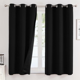 ChrisDowa 100% Blackout Curtains for Bedroom with Black Liner, 2 Thick Layers Total Blackout Thermal Insulated Grommet Window Curtains 2 Panels Set (Black, 42 x 63 Inch)