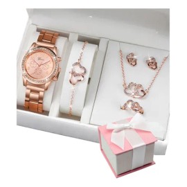 Set Regalo Mujer Reloj Collar Anillo Aretes Oro Rosa Dorado Dorado Coral Claro