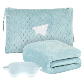 Plush & Plaid Travel Blanket Airplane Compact with Bag, Mid-Weight Soft Throw Blanket Pillow for Long/Short Flight, Portable Packable with Luggage Sleeve and Backpack Clip, 40x65, Blue