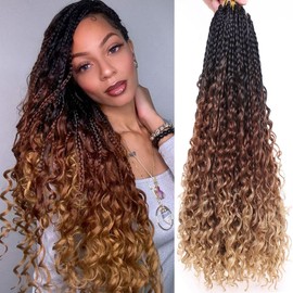 Leeven 30 Inch Pre-looped Bob Box Braids Crochet Hair with Curly Ends 8 Packs Crochet Braiding Hair for Woman Messy Hippie Braids Goddess Boho Box Braid Hair Extensions 53#