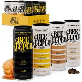 Beekeeper Coffee Cold Brew with Oregon Honey, Mixed Variety Pack, 8 fl oz Cans (Pack of 12), Ready-to-Drink Black, Caramel, Mocha & Vanilla Lattes