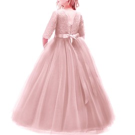 Girl Long Sleeve Vintage Lace Tutu Princess Pageant Cocktail Dresses Kids Prom Ball Gown Wedding Junior Bridesmaid 4-14 Years B Blush Pink 13-14 Years