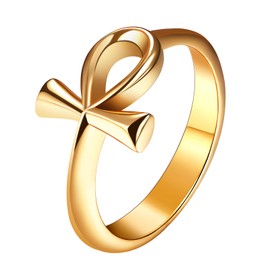 Flonge Women's Ankh Cross Ring: Ancient Egyptian Symbol Rings Trendy Stainless Steel Ankh Ring Protection Jewelry Gift for Unisex Gold Size 12