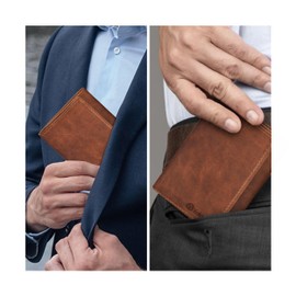 VALENCHI Leather Trifold Wallet For Men - RFID Blocking - 7 Card Slots, 2 Note Compartments & 1 ID Window - Minimalist Design, Slim Wallet - Premium, Fashionable Accessory Gifts for Men, Him, Cognac