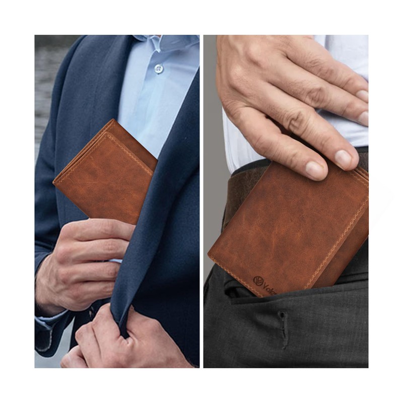 VALENCHI Leather Trifold Wallet For Men - RFID Blocking -