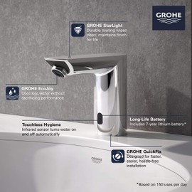 GROHE 36468000 Bau Cosmopolitan E Touchless Electronic Faucet Less Mixing, Battery-Powered, DC, Starlight Chrome