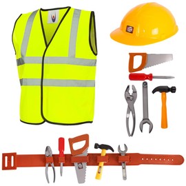 Childs Builder Playset Kids Toy Toolkit - 8 Pcs Builder Dress Up with Tool Belt (5 Unique tools) - Construction Worker Fancy Dress Costume For Boys & Girls (Small - 4-6 Years)