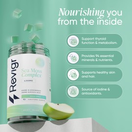 Revigr Revigr, Max 6000mg, 90 Sea Moss Gummies, Added 500mg Bladderwrack & 300mg Burdock Root, Immune & Gut Support, Vegan & Sugar-Free, Green Apple Flavour (1 Month Supply)
