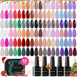 60 Pcs Gel Nail Polish Set 55 Nude Colors Nail Poilsh Kit with Base Matte & Glossy Top Coat Glitter Nail Polish Professional Manicure Kit Nail Supplies for Women Starter Nail Art Salon DIY at Home