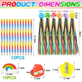 SRunDe 38-Piece Stationery Set Rainbow with 12 Rainbow Pencils 12 Rainbow Erasers Children 12 Bouncy Balls with Tail 2 Pencil Sharpeners Colouring Pencils Gift Children's Birthday