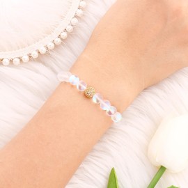 Mystic 6MM 8MM Mermaid Glass White Purple Blue Pink Bracelet with Glowing Moonstone Beads for Women Teen Girls (8MM White Gold Bead)