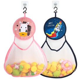 Linkidea 2 Pack Bathroom Hanging Toys Storage Bag, Kids Toddlers Bathtub Toy Holder with Hooks, Large Capacity Bath Toy Mesh Bag (Rocket + Zebra)