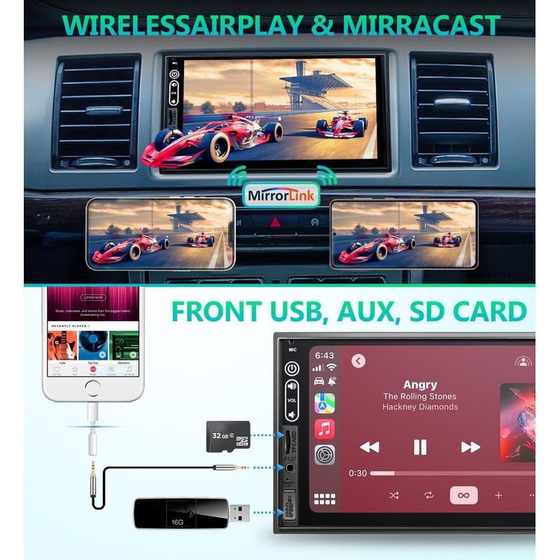 Double Din Car Stereo Compatible with Wireless Apple Carplay, Android