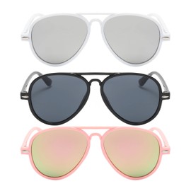 OWL 3 Pairs White Black Pink Toddlers Kids Aviator Sunglasses Frame Mirror Lens UV400 Protection for Youth Boys Girls