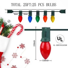 C7 Multicolor Christmas Lights Outdoor, 25Ft Vintage Christmas String Lights with 27 Multicolor Ceramic Incandescent Bulbs (2 Spare) for Christmas Outdoor Holiday Party Patio Wedding Decoration