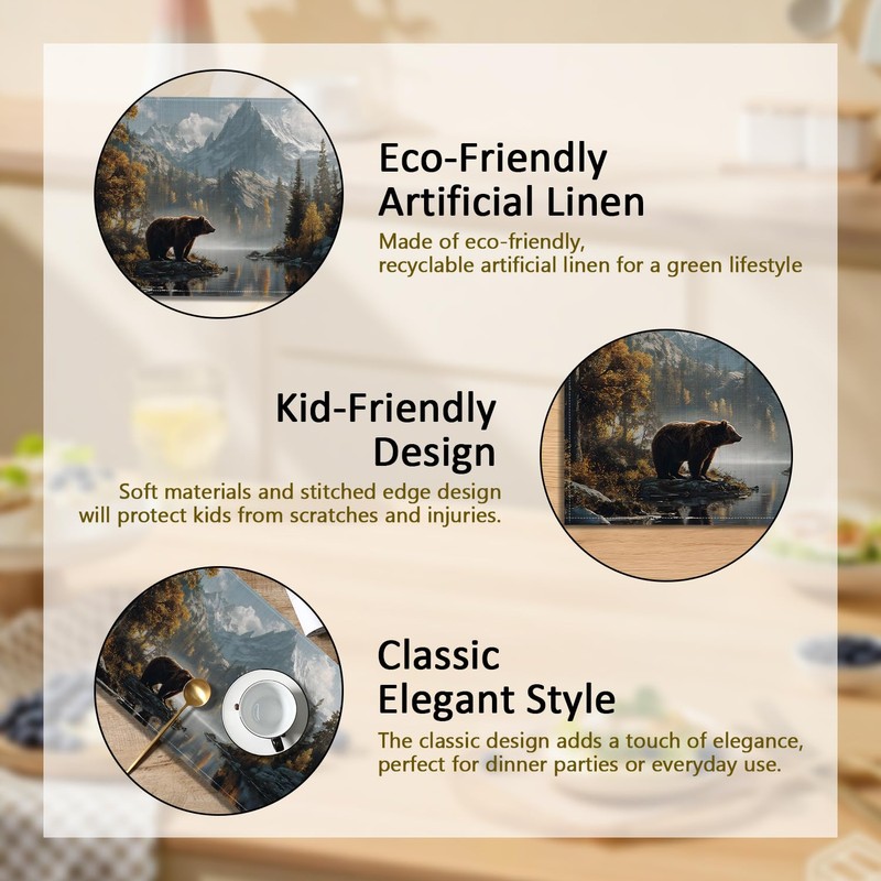 Bear Forest Mountain Placemats Set of 6, Rustic Wild Animal
