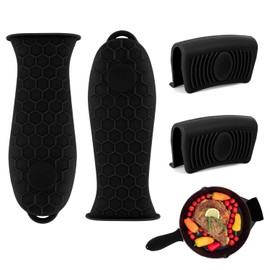 Cast Iron Handle Cover 4 PCS Black Silicone Pot Holders Heat Resistant Silicone Hot Handle Holder Cast Iron Skillet Handle Covers Cast Irons Handle Sleeve for Frying Pans Cast Iron Skillet Griddles