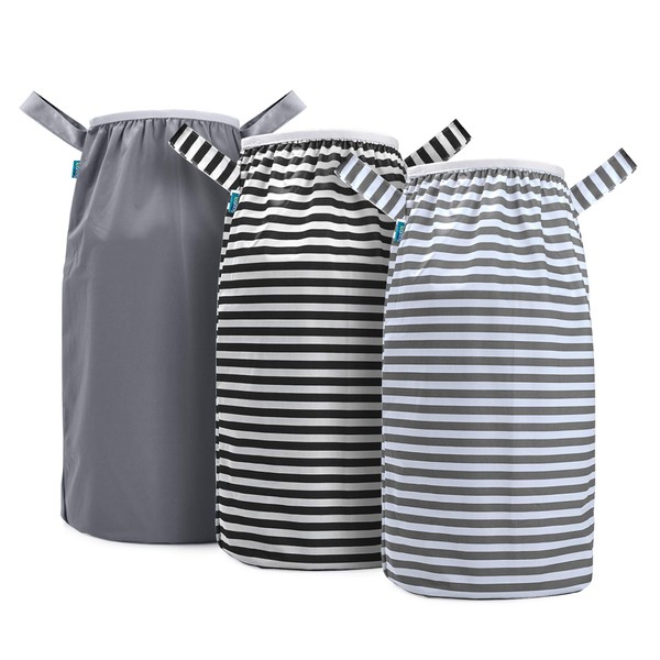 Teamoy - Forro para pañales de tela (paquete de 3), bolsa húmeda reutilizable con borde elástico, se adapta a Dekor, cubos de pañales Ubbi, gris + tiras grises + tiras negras