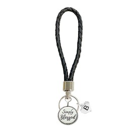 Custom Simply Blessed Silver Circle Black Leather Key Chain Gift Choose Initial