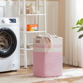 joybest Laundry Basket, Large Woven Rope Basket with Handles for Living Room and Bedroom, Stylish Storage Basket for Clothes, Toys, and Blankets - 22x16x13 Inches Pink