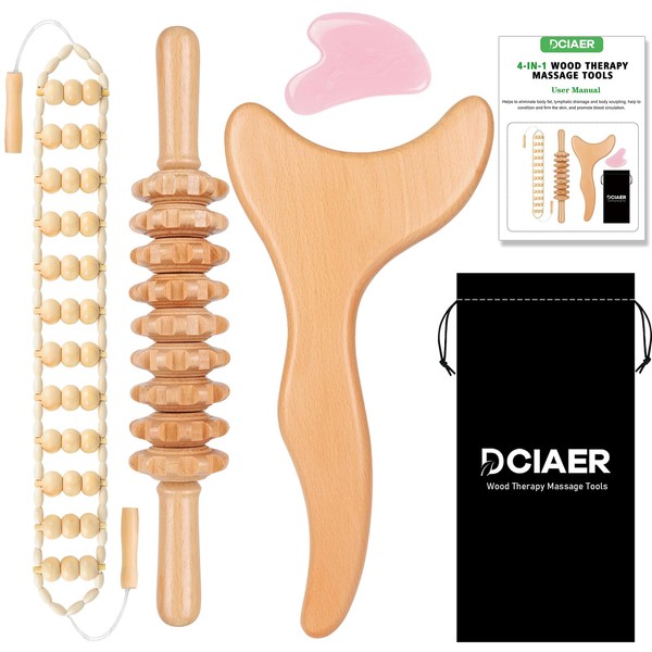 DCIAER 4 In 1 Wood Therapy Massage Tool Lymphatic Drainage Massager Kit - Maderoterapia Kit - For Gua Sha Massage, Anti Cellulite, Body Sculpting, Get Rid Of Cellulite