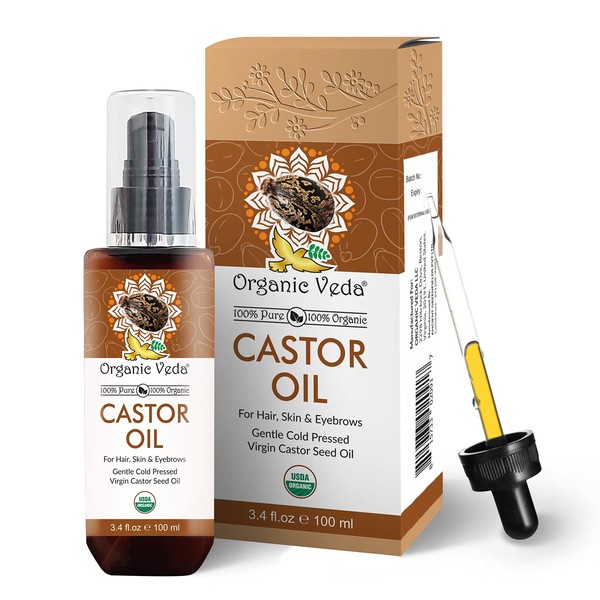 Organic Veda - Castor Oil, Oil for Hair Growth, Eyebrows, Nails and Skin, Gentle Cold Pressed Castor Oil, Pure Castor Oil, Unrefined, Unbleached, 100 mL (3.4 fl. Oz)