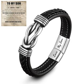 Son's Infinity Knot Bracelet, Forever Linked Together Bracelet for My Son To My Son Infinity Knot Leather Bracelet From Mom Stainless Steel Engraved Jewelry for Birthday Christmas(love my son)