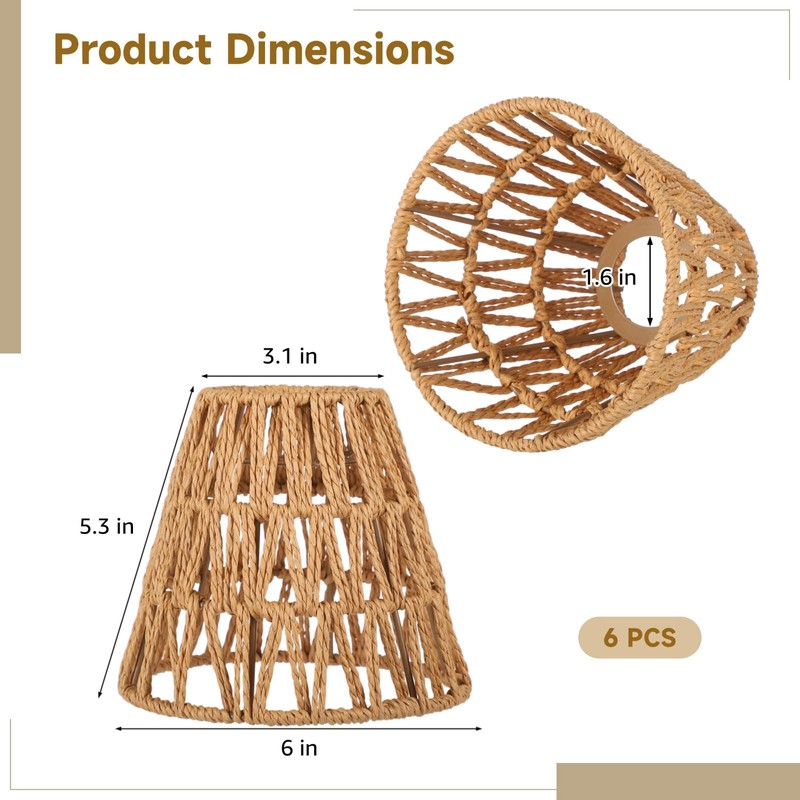 6 PCS E27 Rattan Lamp Shade,Bell Woven Wicker Lampshades Replacement,Paper