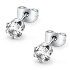 HSP Round Stud Earrings, Surgical Stainless Steel, Hypoallergenic, Simple, Cubic Zirconia, 1 Pair for Both Ears, For Men/Women, Crystal