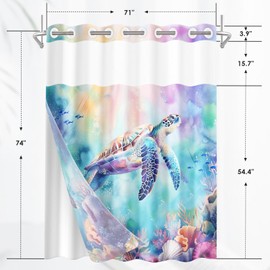 Britown No Hook Sea Turtle Fish Green Shower Curtain with Snap-in Liner, Blue Cute Ocean Double Layers Waterproof Fabric with See Through Top Window Open Grommet Bath Curtain 71x74 Inch