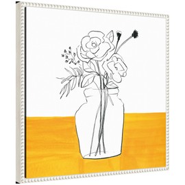 Kate and Laurel Minimalist Floral Vase on Yellow Table Framed Canvas Wall Art by Teju Reval 22 x 22 Sylvie Beaded White, Black & White, Flowers, Still Life Art for Wall Decor, Living Room Bedroom