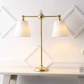JONATHAN Y JYL3074A 31" Contemporary Farmhouse 2-Light Adjustable Library Lamp, Gold Metal Desk Lamp for Living Room, Bedroom, Office End Table with White Linen Shades, 2 LED Bulbs Included
