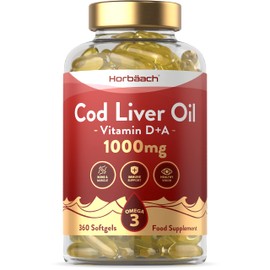 Cod Liver Oil Supplement 1000mg | 360 Softgels | with Omega 3 + Vitamin D & A | Bone & Muscle Support, Healthy Vision, and Immune Support | by Horbaach