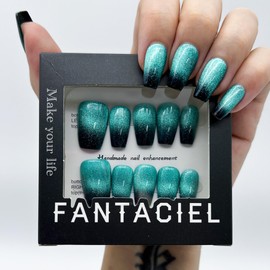 FANTACIEL 10 PCS Handemade Press On Nails Cat Eye Design Acrylic Nails Reusable Short Coffin Fake Nails Gradient Turq 7 S