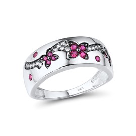 Santuzza 925 Sterling Silver Cherry Blossom Ring Created Ruby White Cubic Zirconia Plum Flower Floral Ring for Women (7)