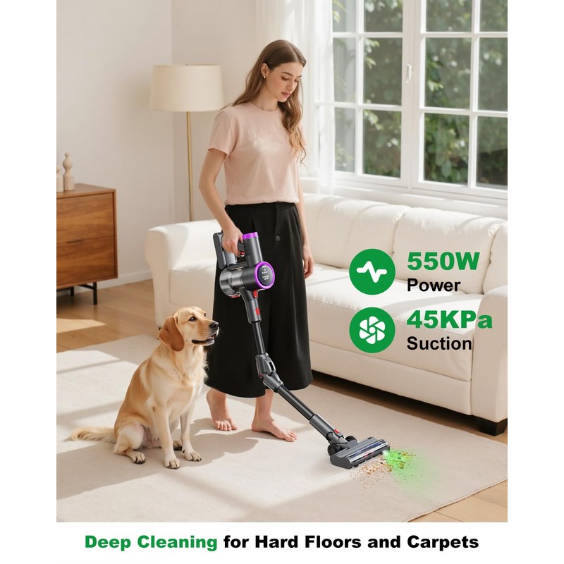 Prasky Cordless Vacuum Cleaner, Stick Vacuum Foldable Rechargeable, Powerful Suction