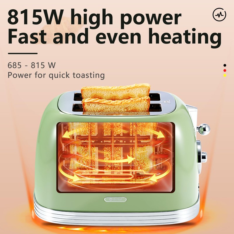 Wiltal Green Cute Retro Toaster 2 Slice with 1.58" Wide