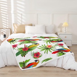 Palm Leaves Fleece Throw Blanket Parrots Plush Blanket for Kids Boys Girls Tropical Exotic Birds Sherpa Blanket Hibiscus Flowers Fuzzy Blanket for Sofa Bed Couch, Colorful Room Decor Baby 30x40 Inch
