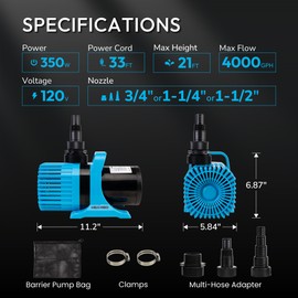 4000 GPH Submersible Water Pump–350W Ultra Quiet Pond Pump, 21FT Max Lift, Ideal for Ponds, Waterfalls, Aquariums, Irrigation, and Hydroponics, UL Safety Listed