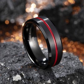 King Will Thin Red Groove Black Brushed Tungsten Carbide Wedding Band Ring Comfort Fit 11
