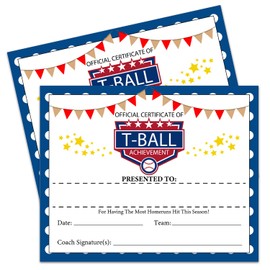 Certificates of Achievement, 25 T-Ball Award Certificates, Sports Achievement Award Certificates, Team Baseball Awards, Encouraging Gift for Students, Teams, Players and Employee 8x10 Inches