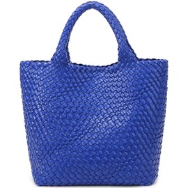 Woven Bag for Women, Vegan Leather Tote Bag Large Summer Beach Travel Handbag and Purse Retro Handmade Shoulder Bag (Navy Blue)