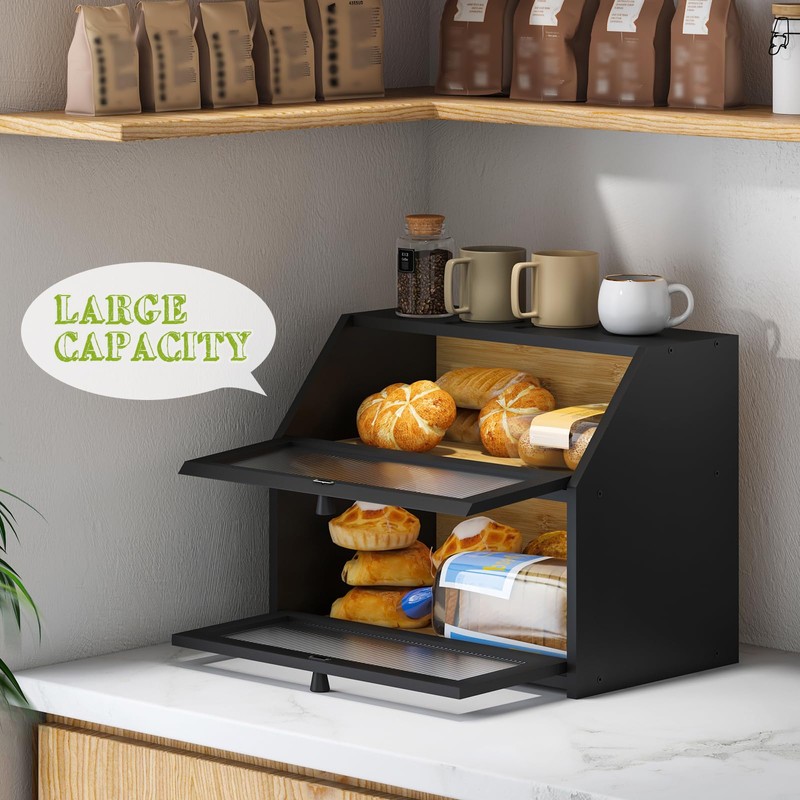 BMOSU Large Double Layer Bread Box for Kitchen Countertop, Bamboo