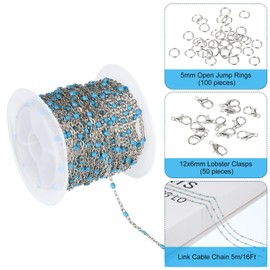 PATIKIL Stainless Steel Jewelry Chain, 16Ft 1.5mm Lake Blue Beaded Link Cable Chains for Necklace Earring Bracelet Findings Jewelry Making Trucker Hat Chains, Silver/Lake Blue