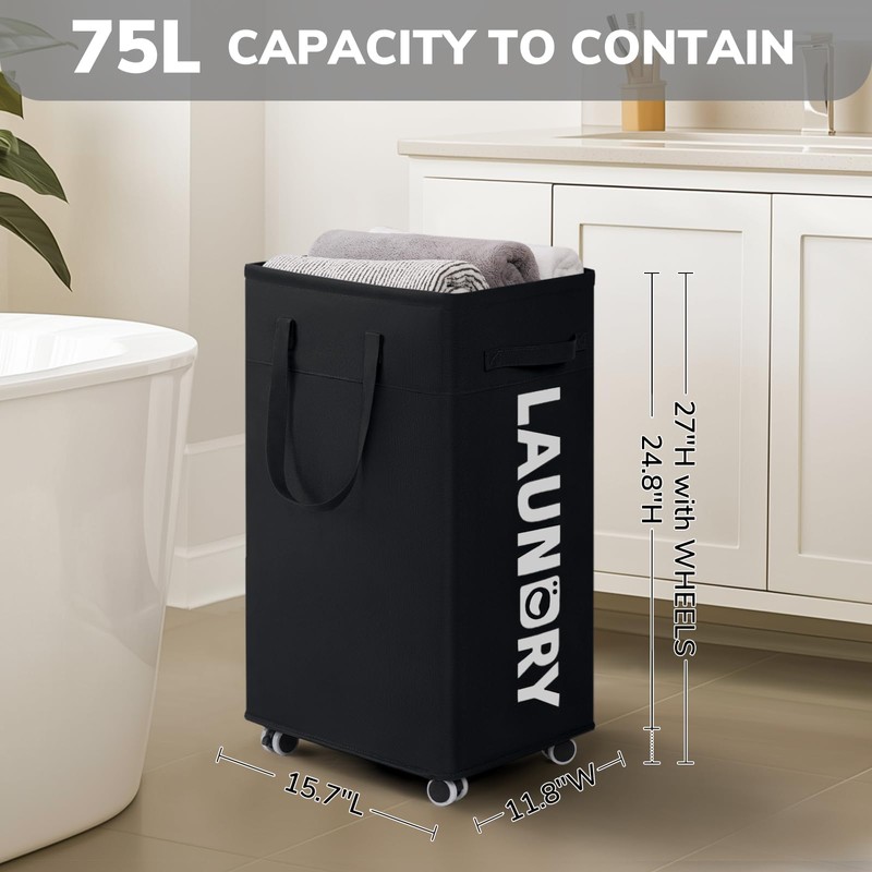 CHICVITA 75L Slim Laundry Hamper with Wheels and Removable Wash