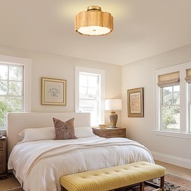 Jolydoly 13.4" Rattan Flush Mount Ceiling Light Fixtures,3-Light Boho Light Fixtures Ceiling Mount for Bedroom,Small Rattan Chandelier,Gold Mini Chandelier Lighting for Dining Room Hallway Kitchen